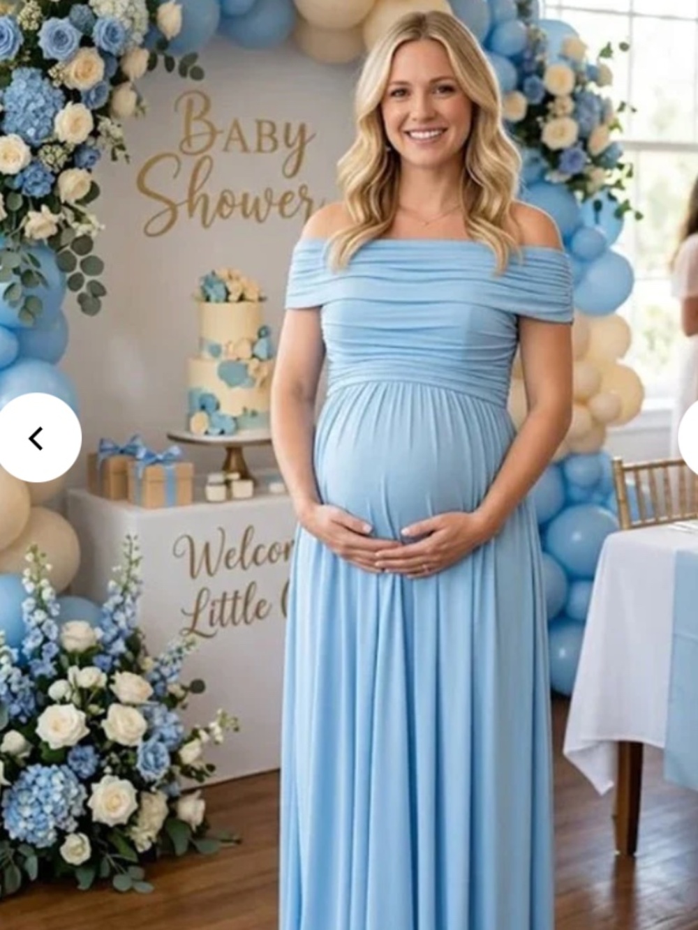 Momyknows BNWT Off Shoulder Light Blue Maxi Maternity Dress Baby shower sz L